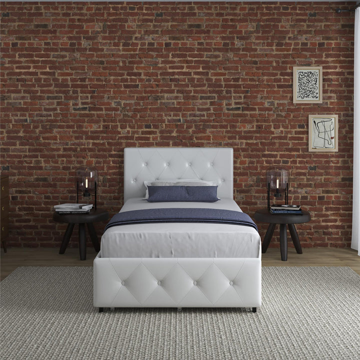 Dakota Upholstered Bed with Left Or Right Storage Drawers - White Faux leather - Twin