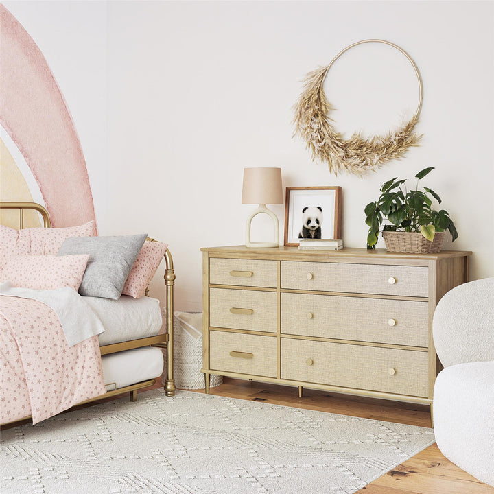 Spacious 6 Drawer Dresser with Rattan Finish -  Natural