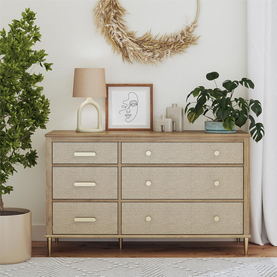 Shiloh Wide Faux Rattan 6 Drawer Dresser -  Natural