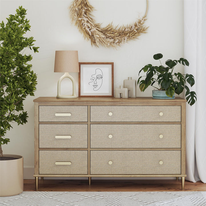 Shiloh Wide Faux Rattan 6 Drawer Dresser -  Natural