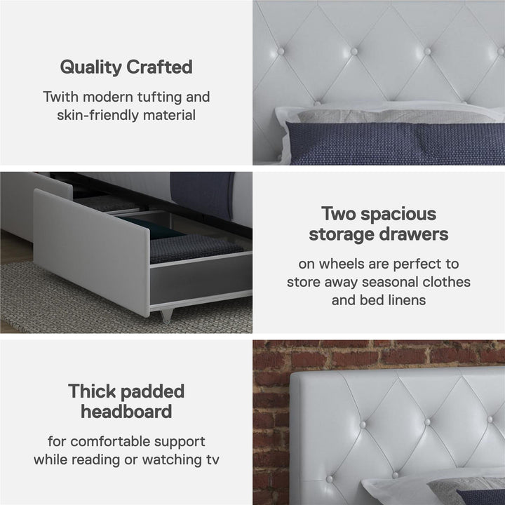 Dakota Upholstered Bed with Left Or Right Storage Drawers - White Faux leather - Twin