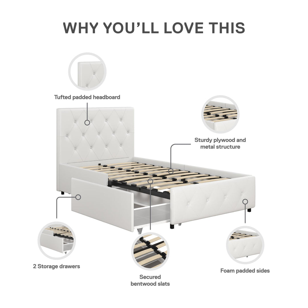 Dakota Upholstered Bed with Left Or Right Storage Drawers - White Faux leather - Twin