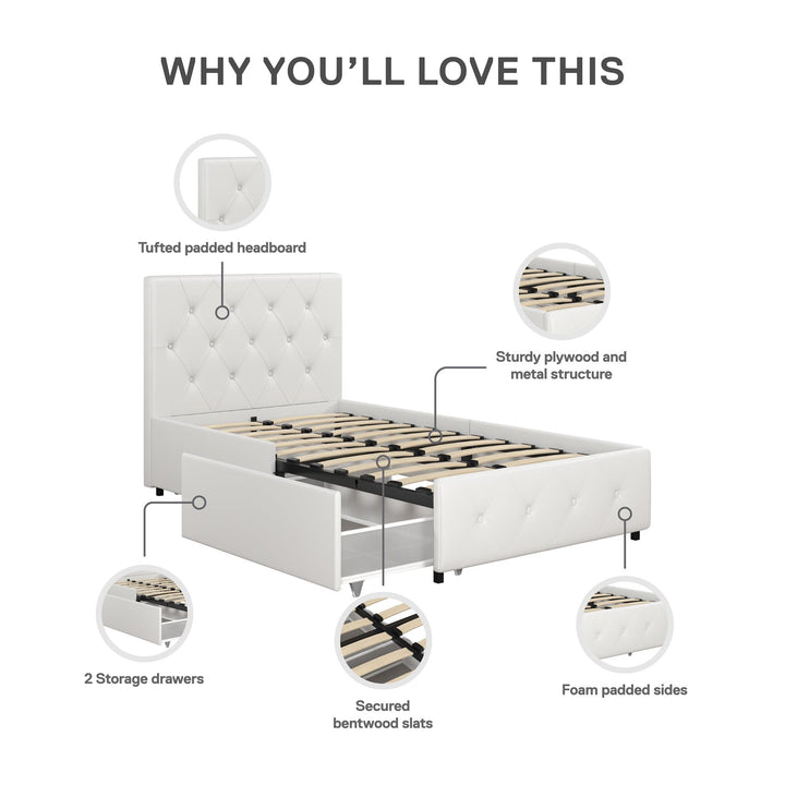Dakota Upholstered Bed with Left Or Right Storage Drawers - White Faux leather - Twin