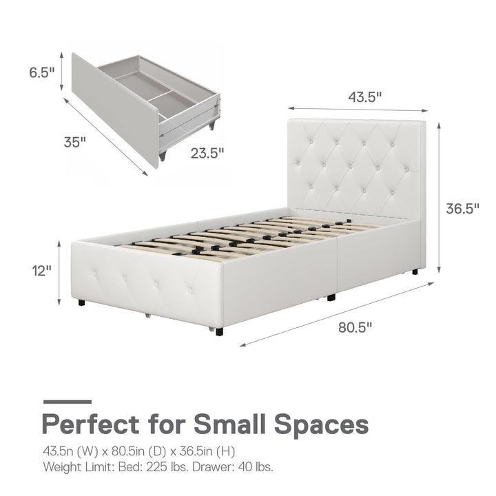 Dakota Upholstered Bed with Left Or Right Storage Drawers - White Faux leather - Twin