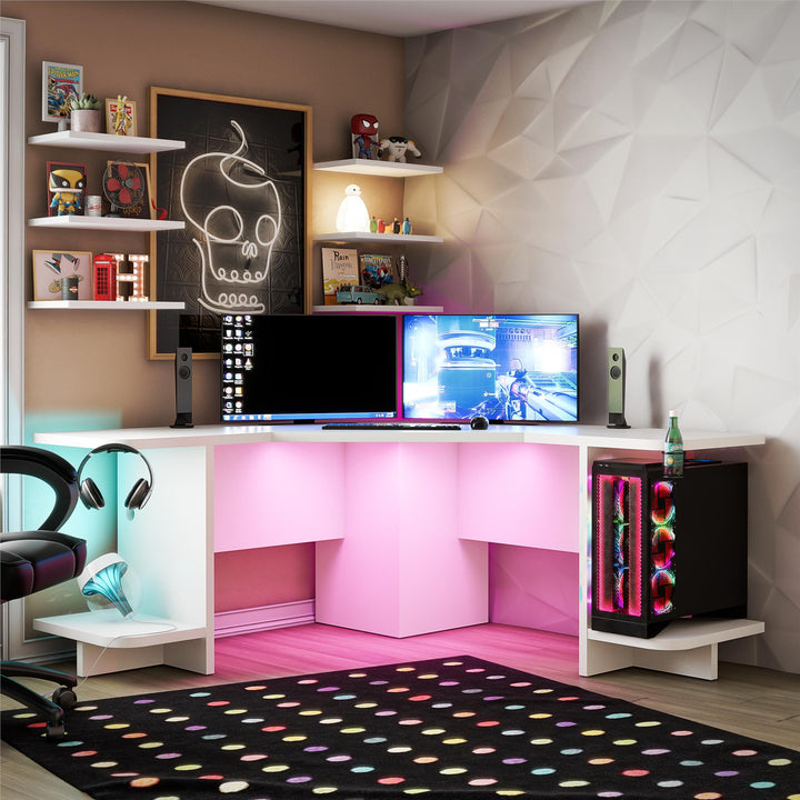 Corner Gaming Desk with Light Kit -  White