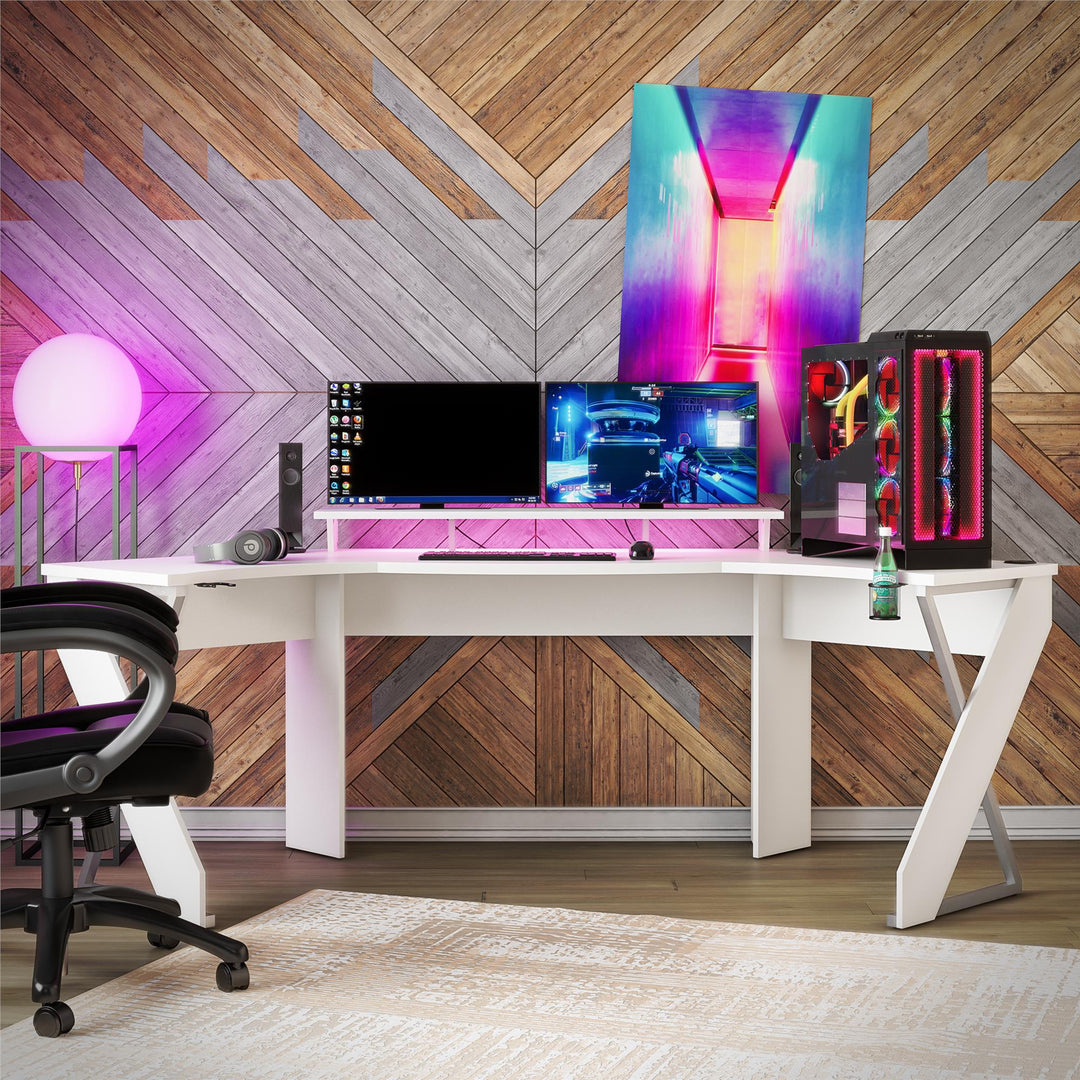 Gaming Corner Desk with Riser & LED -  White