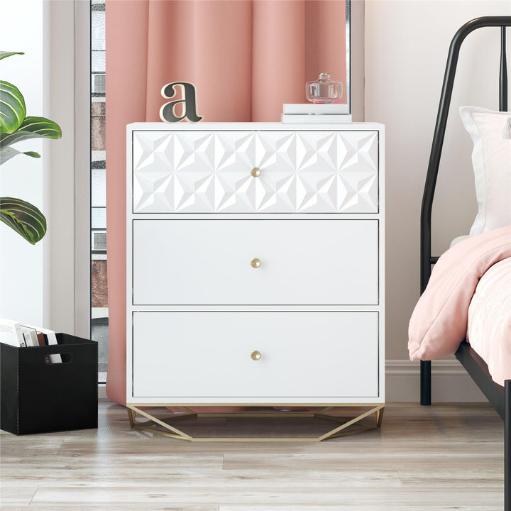 Blair 3 Drawer Dresser with Gold Geometirc Base - White