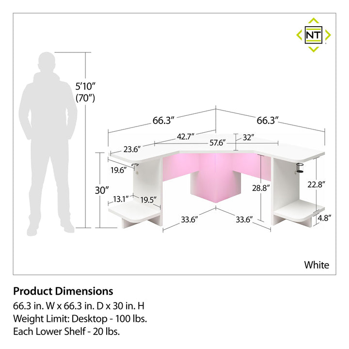 Corner Gaming Desk with LED Light -  White