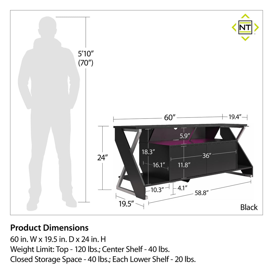 TV Stand with LED Light for Gaming -  Black