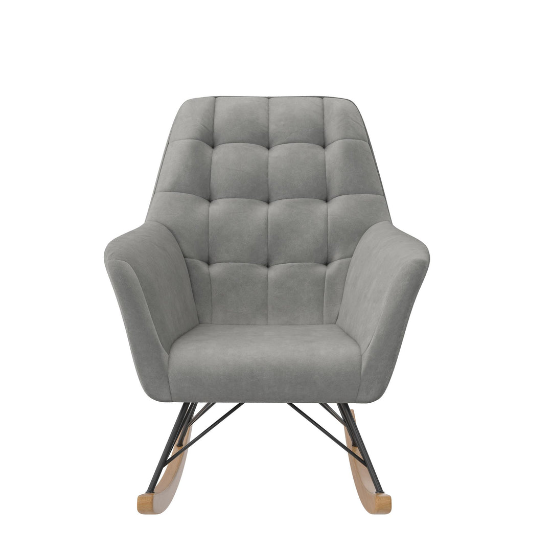 Raven Upholstered Rocker with Square Tufted Detailing and Wood Legs - Gray