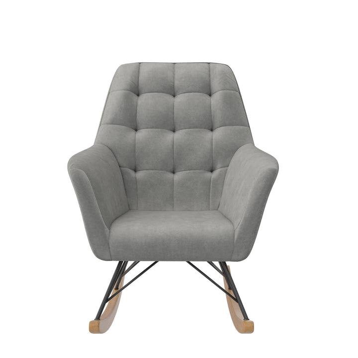 Raven Upholstered Rocker with Square Tufted Detailing and Wood Legs - Gray