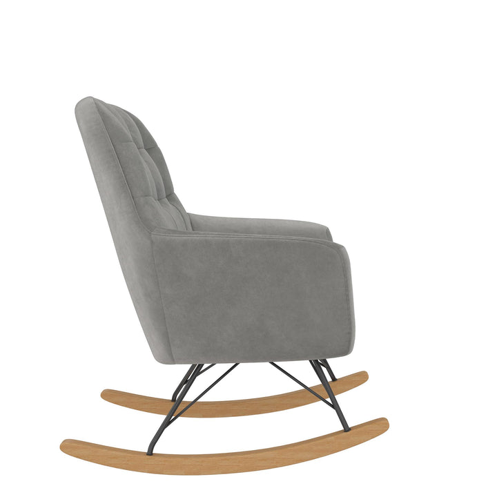 Raven Upholstered Rocker with Square Tufted Detailing and Wood Legs - Gray