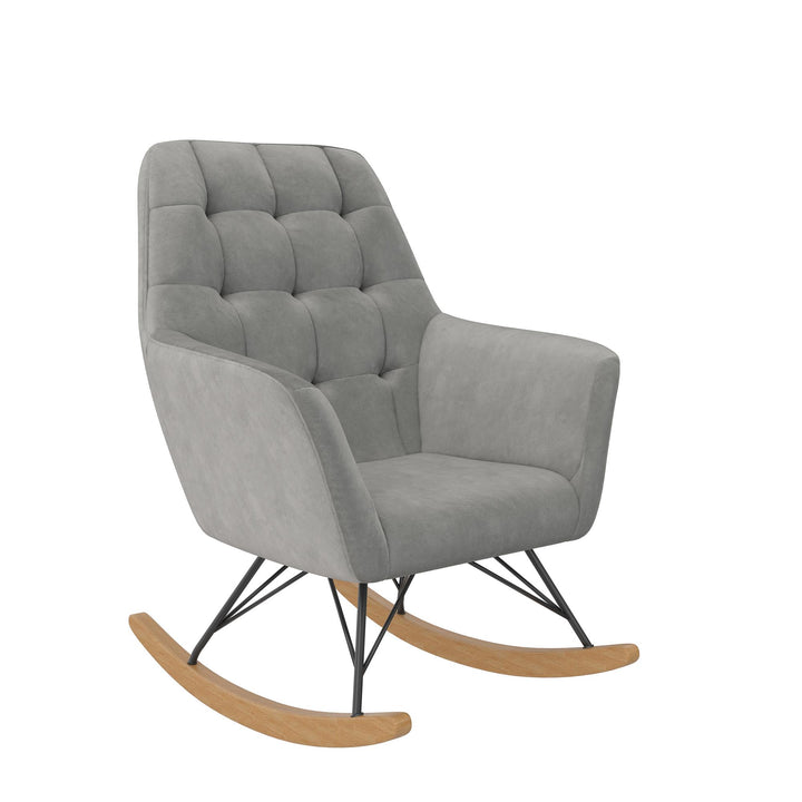 Raven Upholstered Rocker with Square Tufted Detailing and Wood Legs - Gray