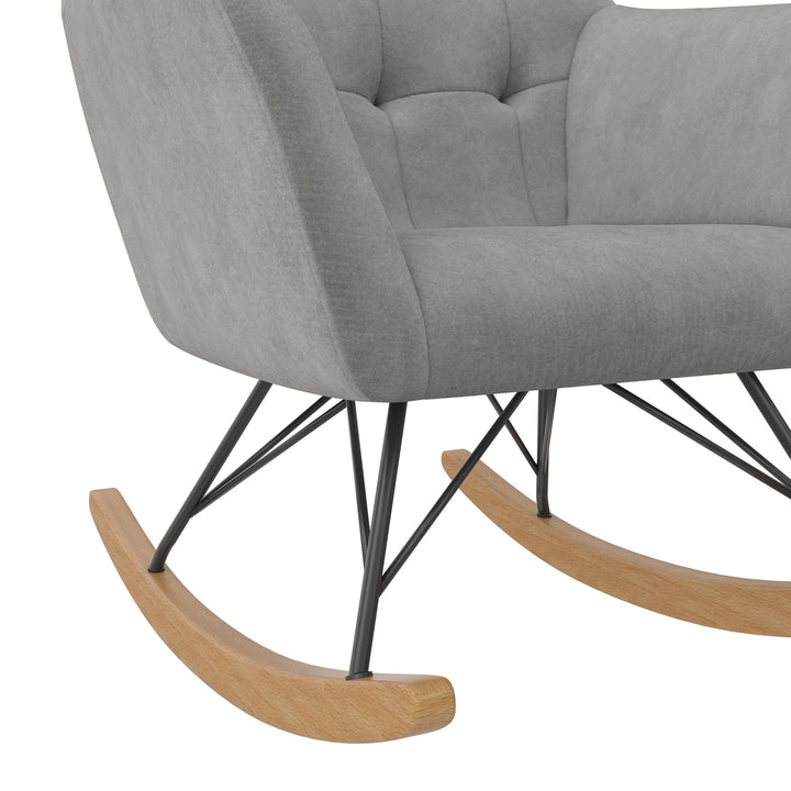 Raven Upholstered Rocker with Square Tufted Detailing and Wood Legs - Gray