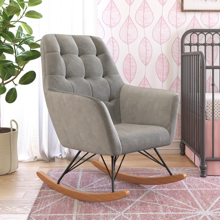 Raven Upholstered Rocker with Square Tufted Detailing and Wood Legs - Gray