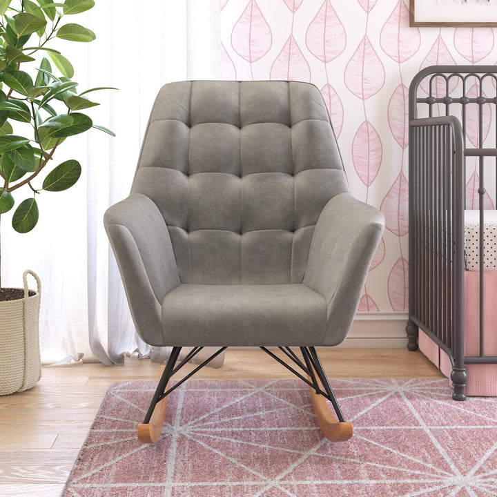 Raven Upholstered Rocker with Square Tufted Detailing and Wood Legs - Gray