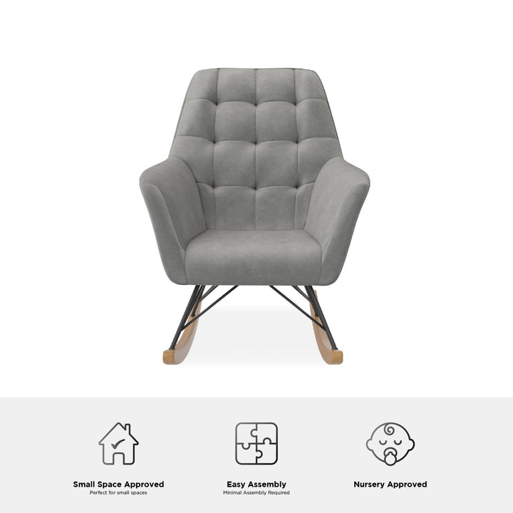 Raven Upholstered Rocker with Square Tufted Detailing and Wood Legs - Gray