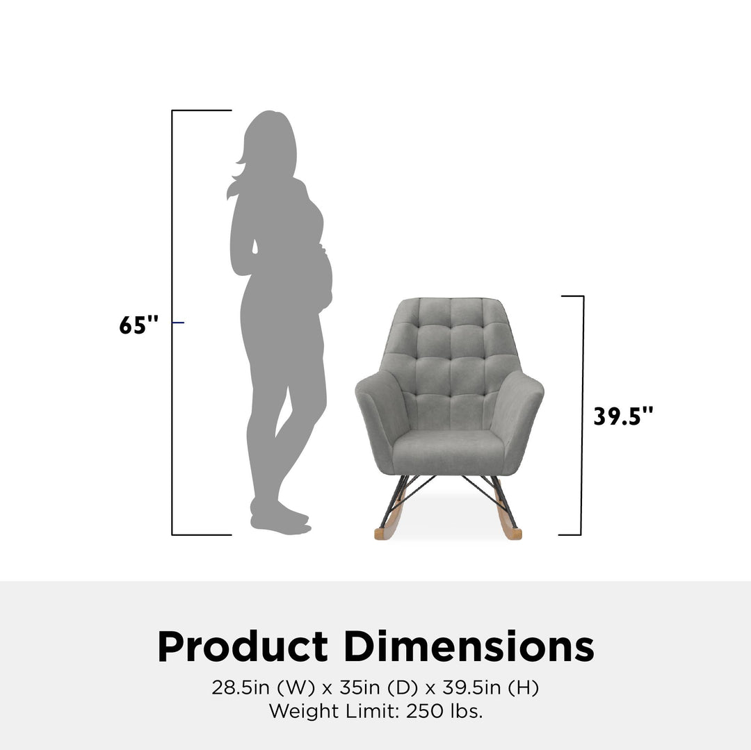 Raven Upholstered Rocker with Square Tufted Detailing and Wood Legs - Gray