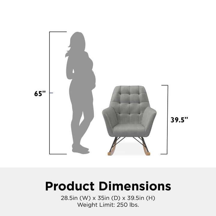 Raven Upholstered Rocker with Square Tufted Detailing and Wood Legs - Gray