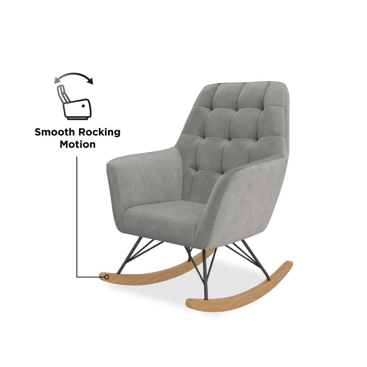 Raven Upholstered Rocker with Square Tufted Detailing and Wood Legs - Gray