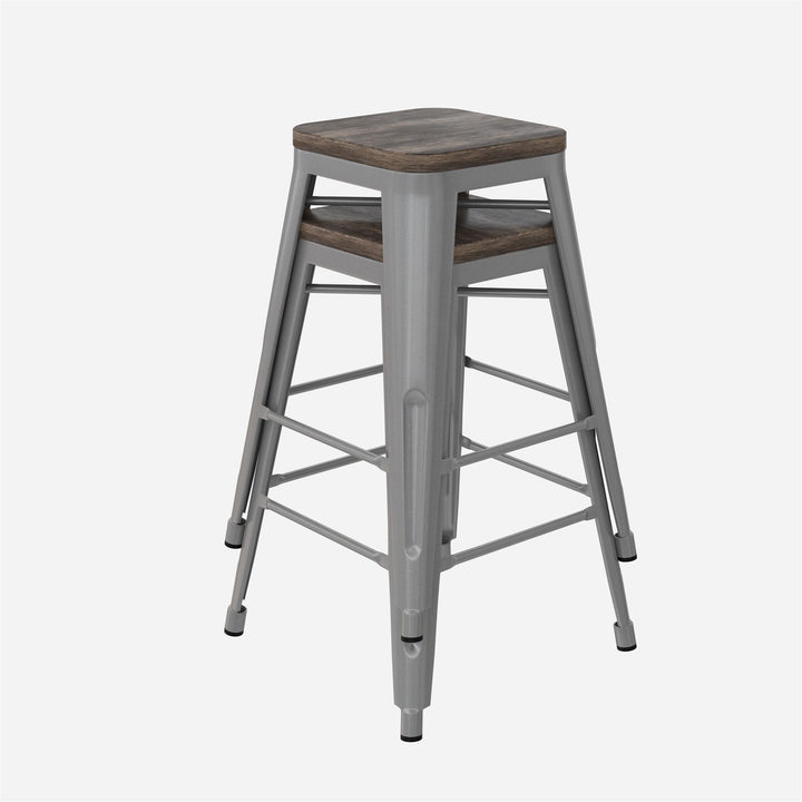 Fusion 24 Inch Stackable Metal and Wood Counter Height Bar Stools, Set of 2 - Silver - 24"