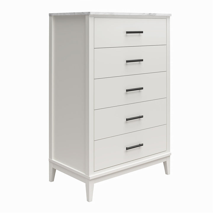 Stylish Dresser with Tapered Legs and Marble Top -  White