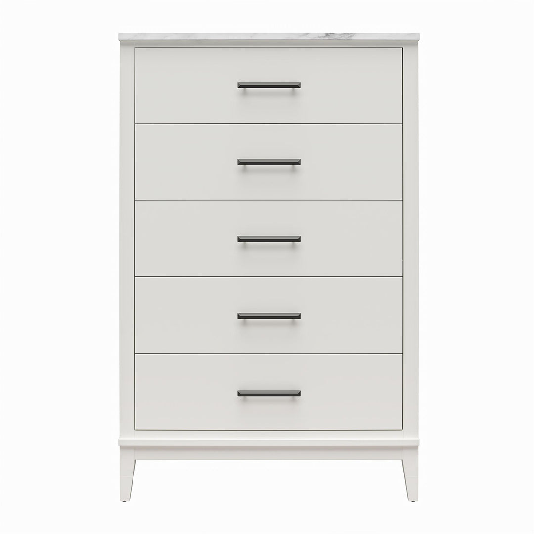 Lynnhaven Modern Tall 5 Drawer Dresser with Tapered Legs & Marble Top  -  White
