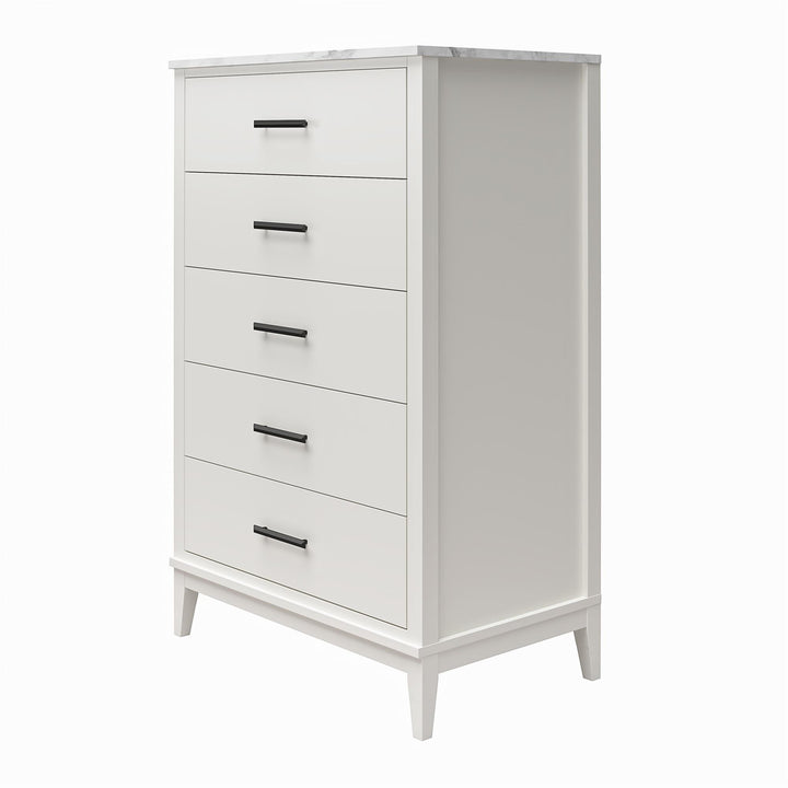 Modern 5 Drawer Dresser with Marble Top -  White