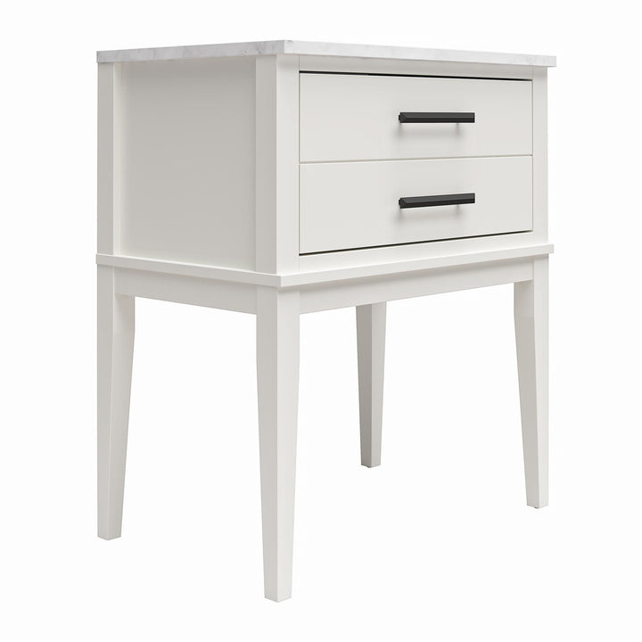 Stylish Nightstand with Tapered Legs and Marble Top -  White