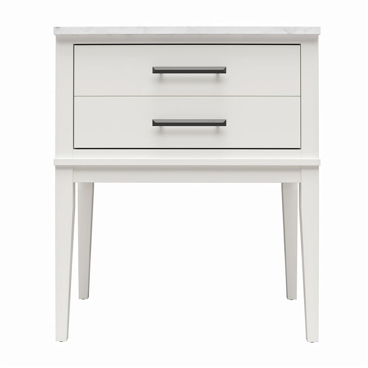 Lynnhaven Modern 1 Drawer Nightstand with Tapered Legs & Marble Top  -  White