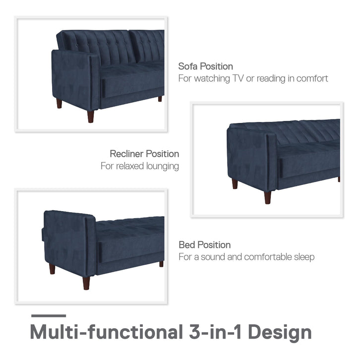 Vertical Stitching and Button Tufting Futon -  Blue Velvet