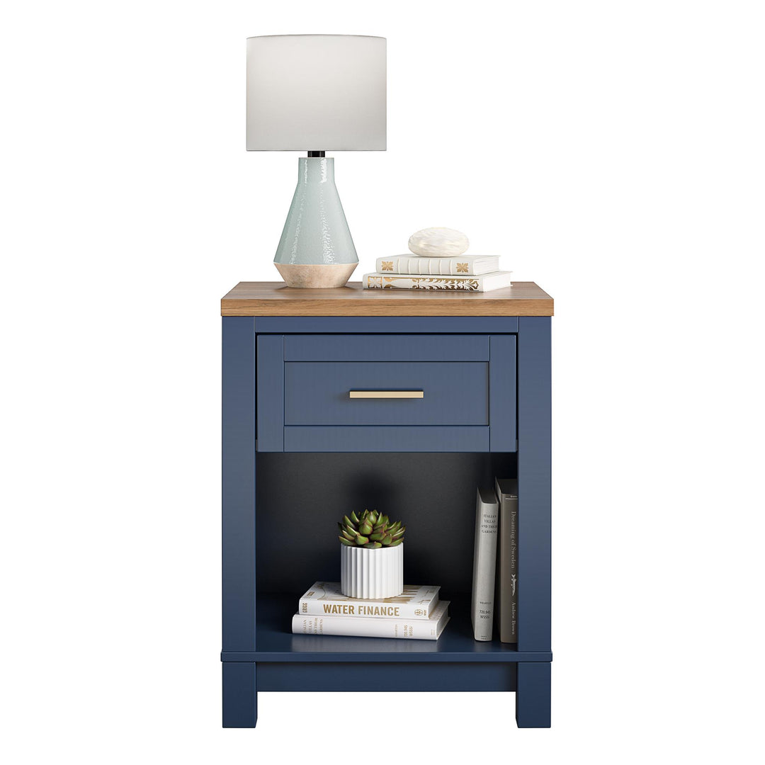 Spacious Drawer and Open Shelf Nightstand -  Navy