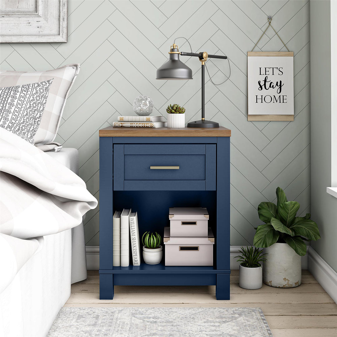 Stylish Nightstand with Drawer and Open Shelf -  Navy
