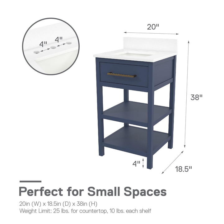 Pisa 20 Inch Bathroom Vanity with Carrera Countertop and 2 Storage Shelves - Navy