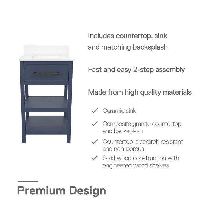Pisa 20 Inch Bathroom Vanity with Carrera Countertop and 2 Storage Shelves - Navy