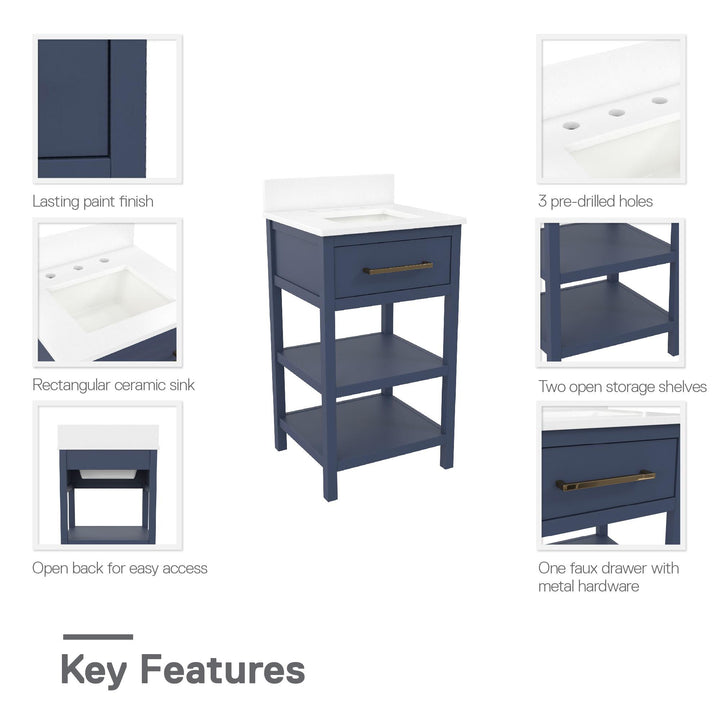 Pisa 20 Inch Bathroom Vanity with Carrera Countertop and 2 Storage Shelves - Navy