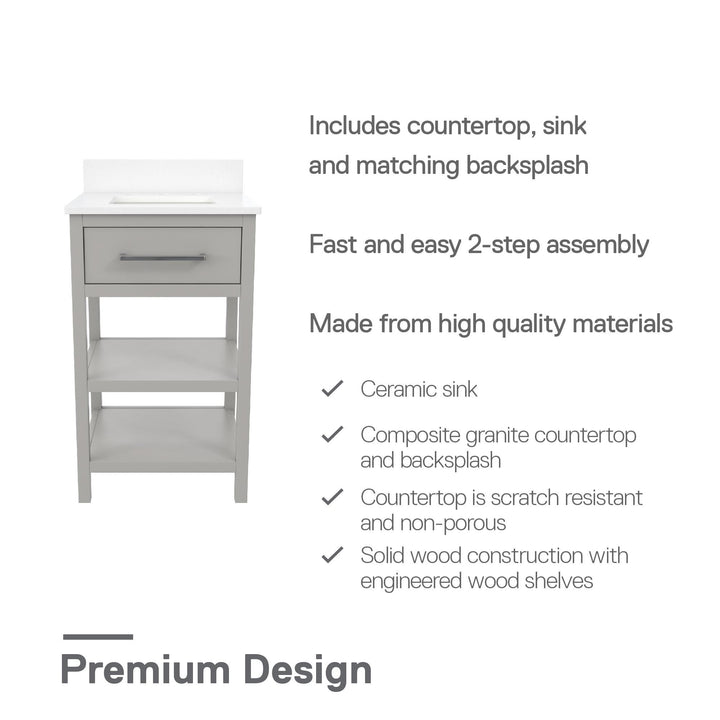 Pisa 20 Inch Bathroom Vanity with Carrera Countertop and 2 Storage Shelves - Gray