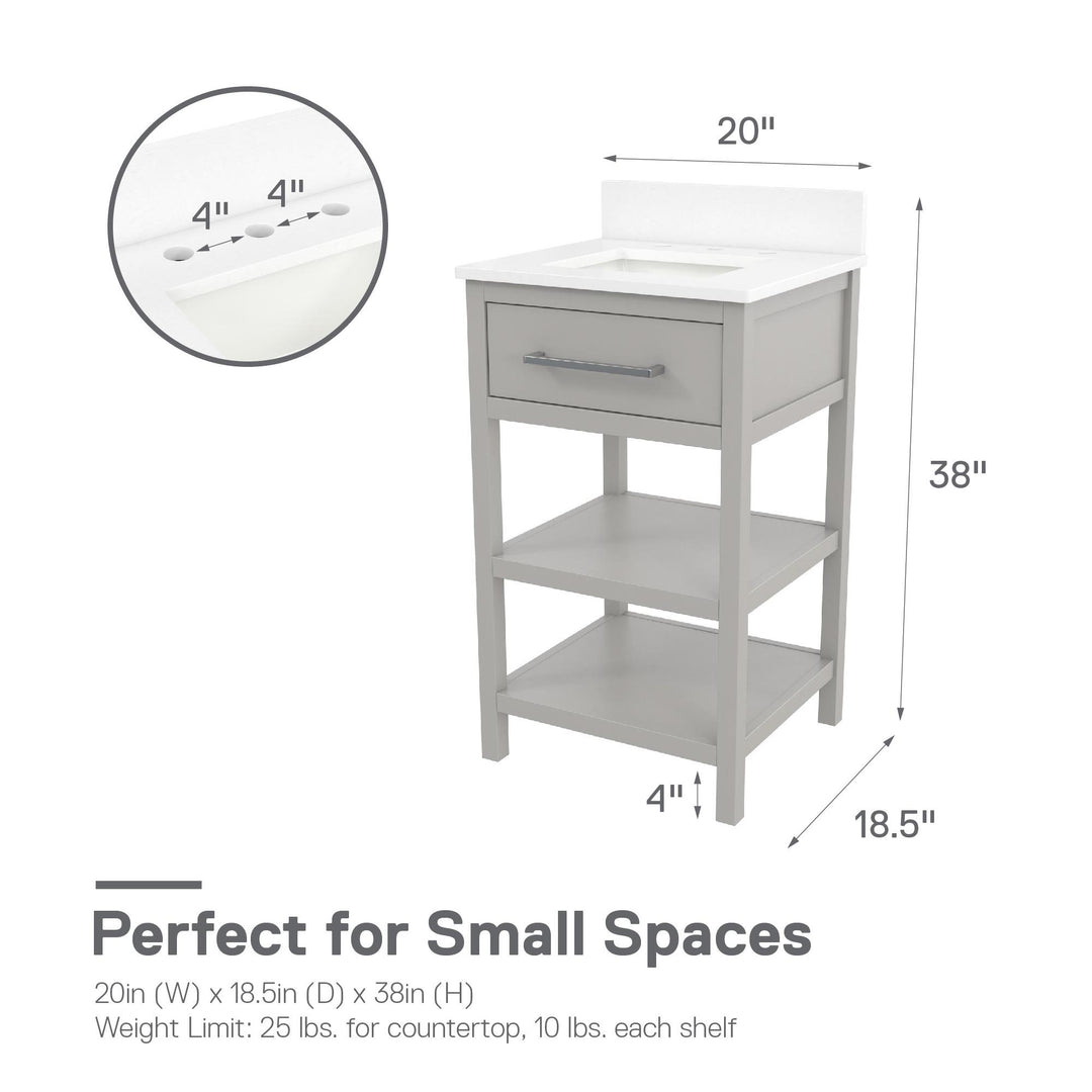 Pisa 20 Inch Bathroom Vanity with Carrera Countertop and 2 Storage Shelves - Gray