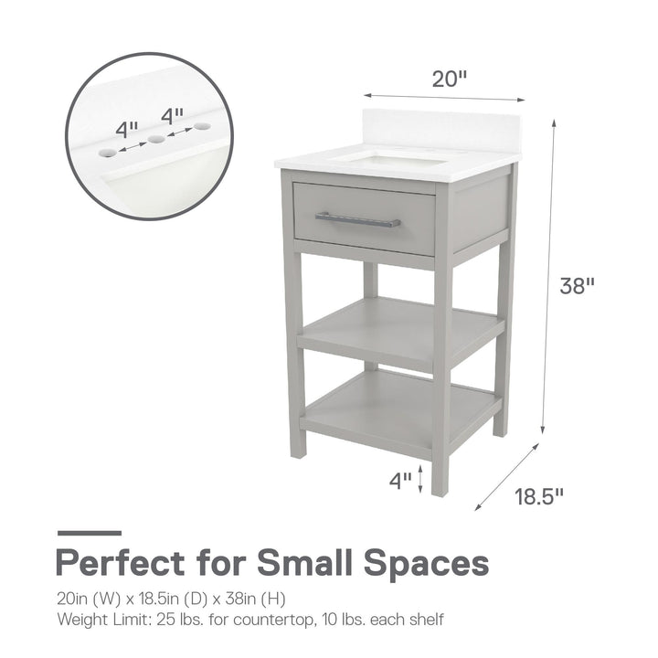 Pisa 20 Inch Bathroom Vanity with Carrera Countertop and 2 Storage Shelves - Gray