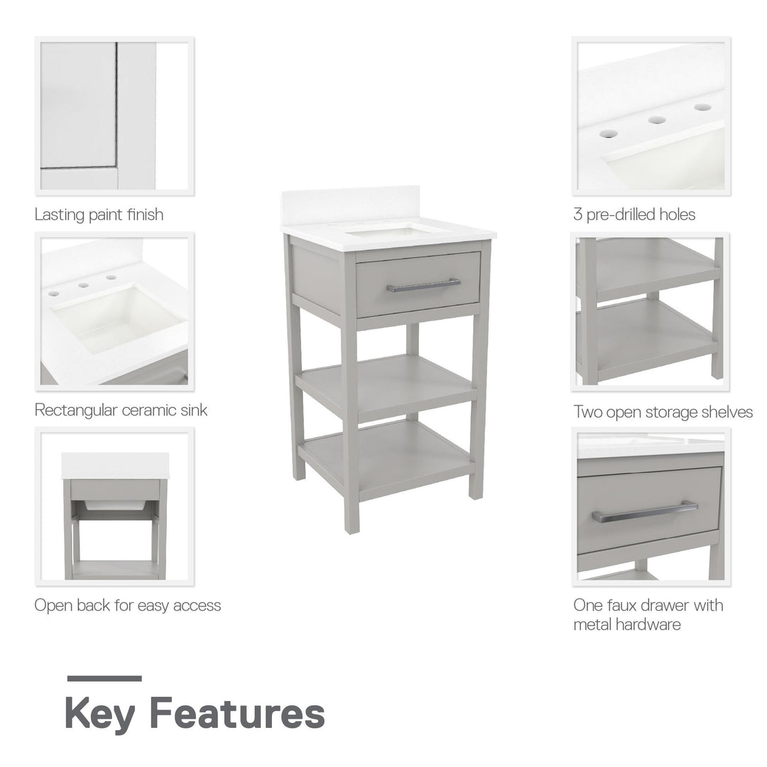 Pisa 20 Inch Bathroom Vanity with Carrera Countertop and 2 Storage Shelves - Gray