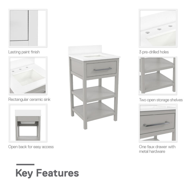 Pisa 20 Inch Bathroom Vanity with Carrera Countertop and 2 Storage Shelves - Gray