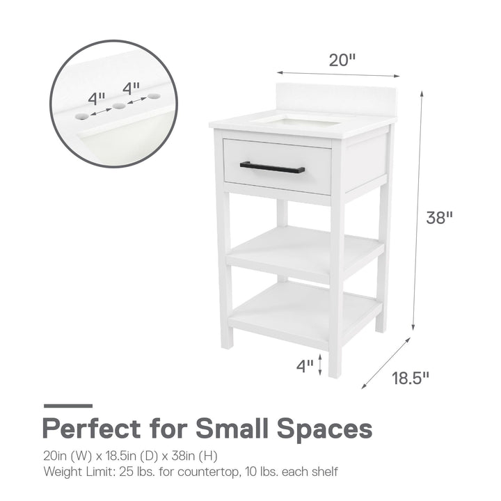 Pisa 20 Inch Bathroom Vanity with Carrera Countertop and 2 Storage Shelves - White