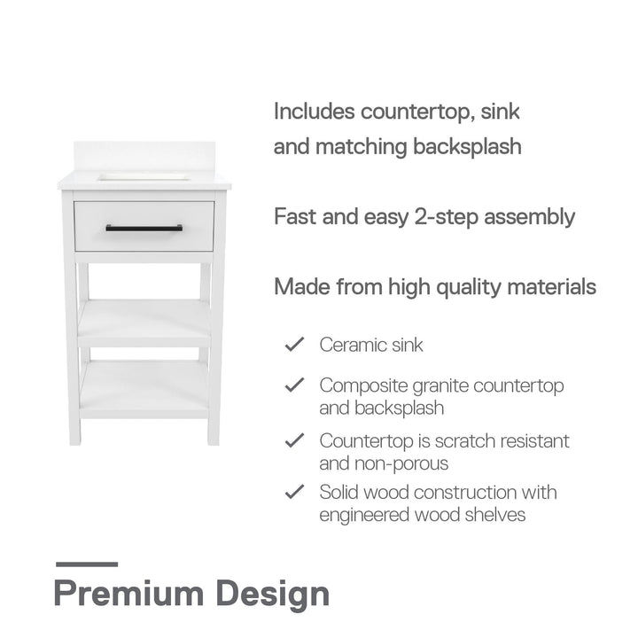 Pisa 20 Inch Bathroom Vanity with Carrera Countertop and 2 Storage Shelves - White