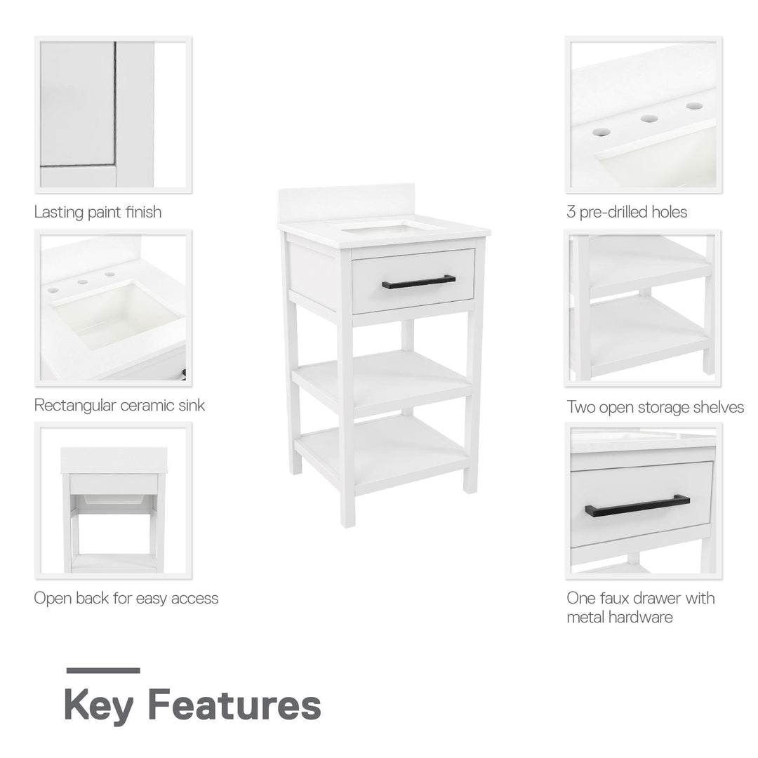 Pisa 20 Inch Bathroom Vanity with Carrera Countertop and 2 Storage Shelves - White