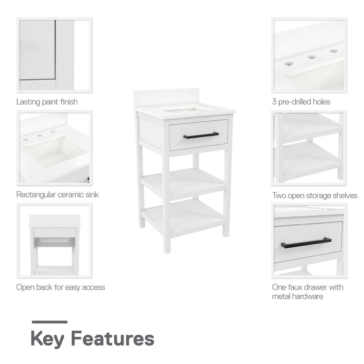 Pisa 20 Inch Bathroom Vanity with Carrera Countertop and 2 Storage Shelves - White