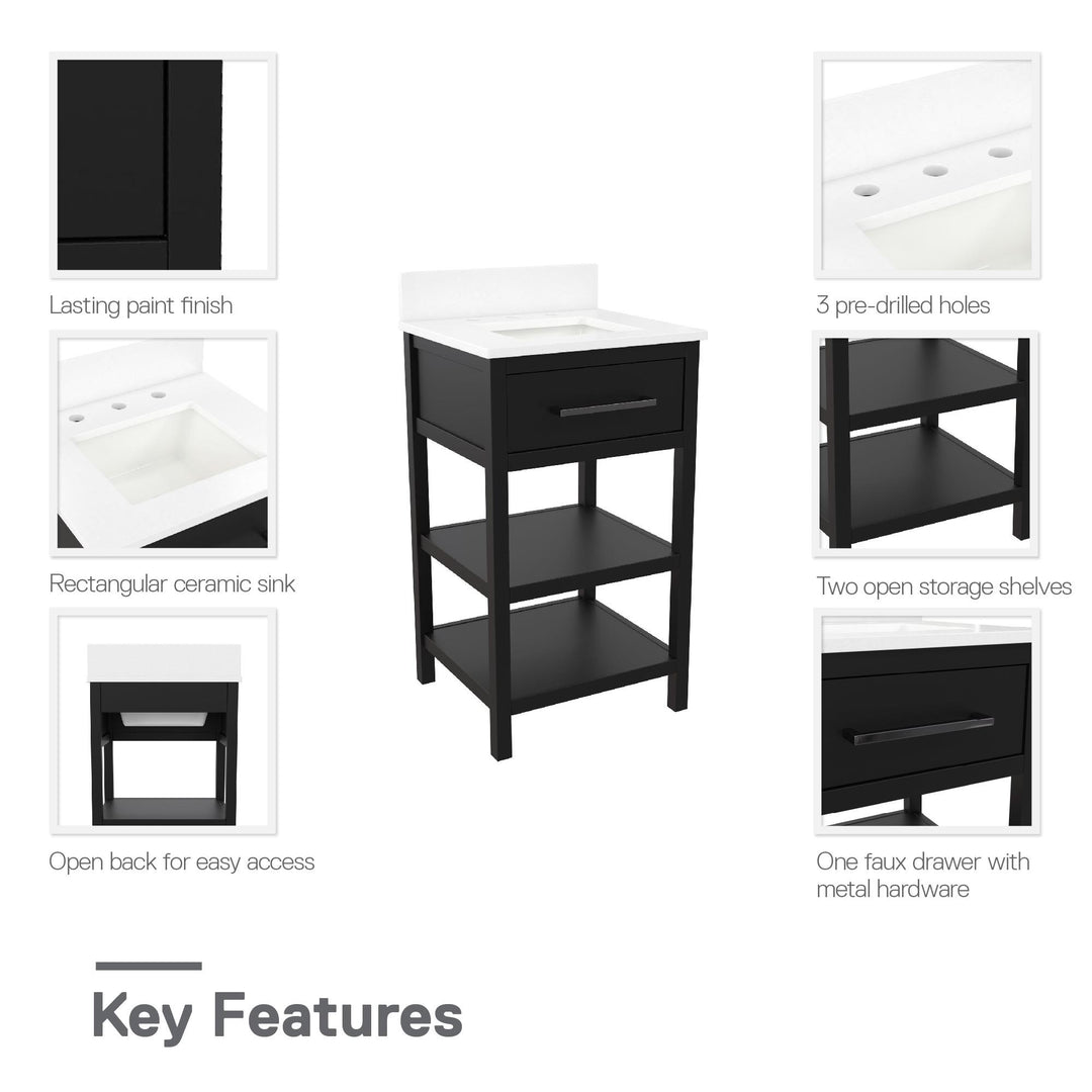 Pisa 20 Inch Bathroom Vanity with Carrera Countertop and 2 Storage Shelves - Black
