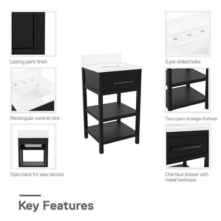 Pisa 20 Inch Bathroom Vanity with Carrera Countertop and 2 Storage Shelves - Black