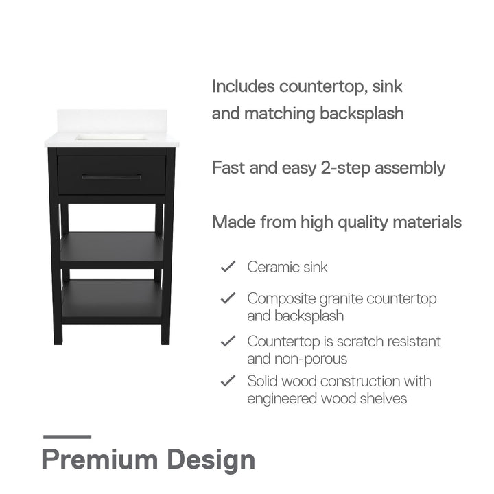 Pisa 20 Inch Bathroom Vanity with Carrera Countertop and 2 Storage Shelves - Black