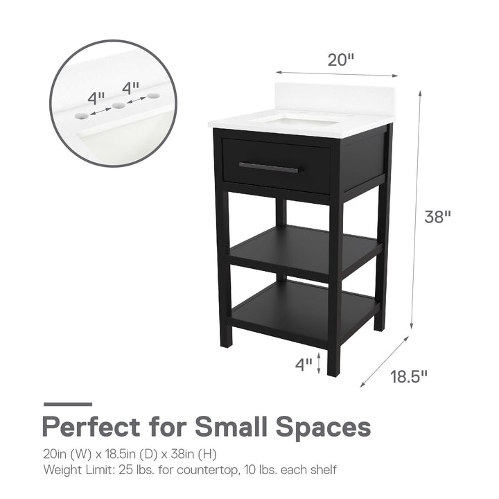 Pisa 20 Inch Bathroom Vanity with Carrera Countertop and 2 Storage Shelves - Black