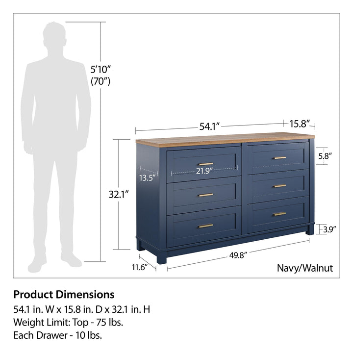 Durable and Functional Armada 6 Drawer Dresser -  Navy